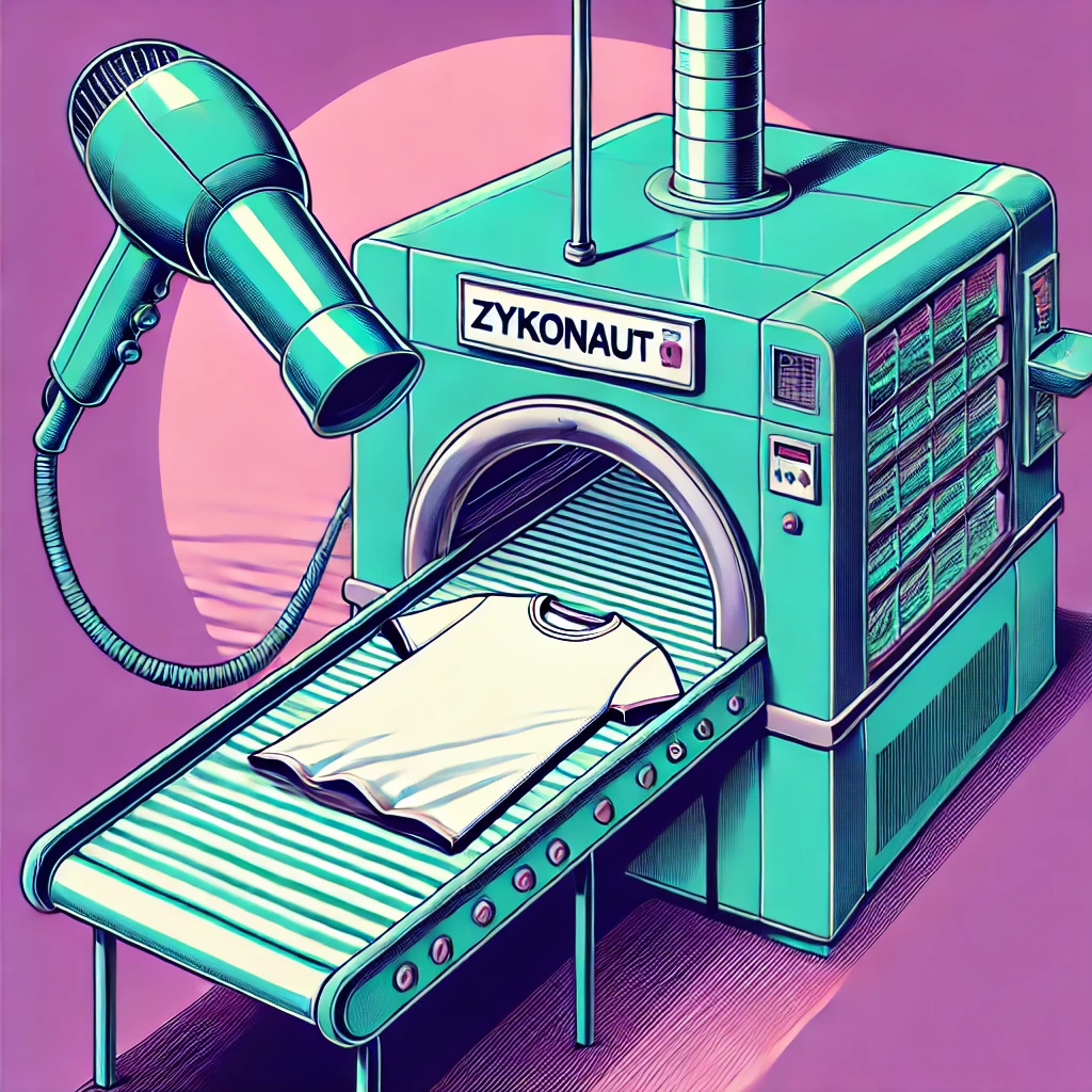 T-Shirt auf Förderband im Trocknungsprozess – Teil der DTG-Vorbereitung bei ZYKONAUT Print-on-Demand.