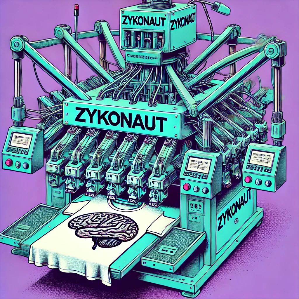 Mehrere DTG-Druckköpfe tragen präzise Farben auf ein ZYKONAUT-Shirt auf – hochwertiger Textildruck mit komplexen Motiven.